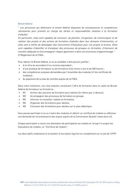FORMATION CONTINUE Certificat FSEA 1 et Brevet FÃ©dÃ©ral ... - EHB