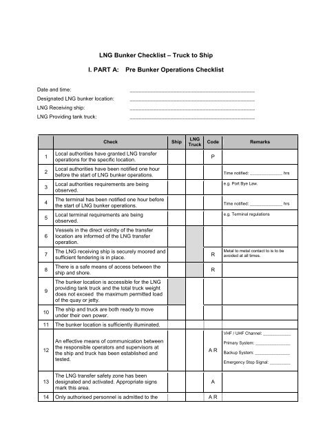 LNG Bunker Checklist â Truck to Ship I. PART A ... - Port of Rotterdam