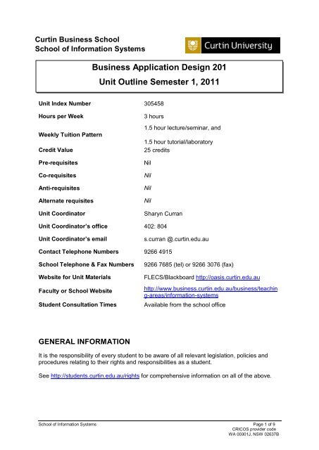 Unit Outline (Bentley Students) - Curtin Business School