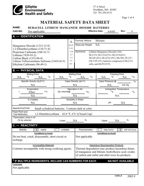 MATERIAL SAFETY DATA SHEET - Battery Systems