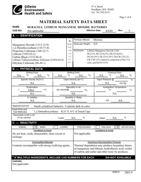 MATERIAL SAFETY DATA SHEET - Battery Systems