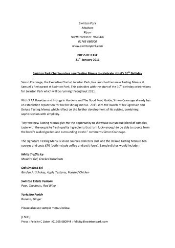 Download this press release as a PDF - Swinton Park