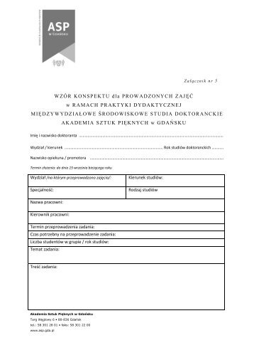Zał. 5, Wzór konspektu dla prowadzonych zajęć w ramach praktyki ...