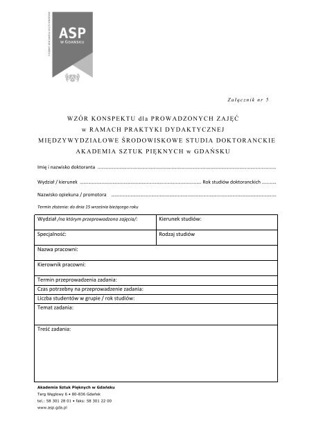 Zał. 5, Wzór konspektu dla prowadzonych zajęć w ramach praktyki ...