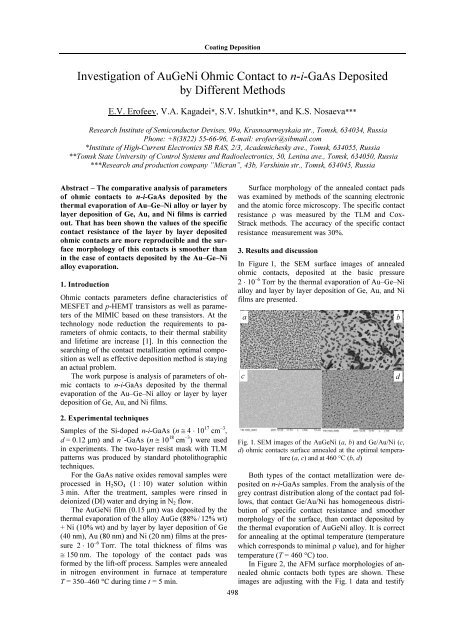 Investigation of AuGeNi Ohmic Contact to n-i-GaAs Deposited by ...