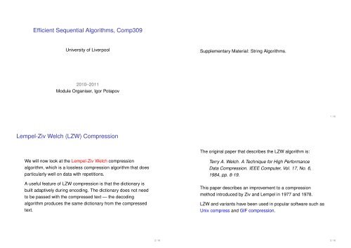 Efficient Sequential Algorithms, Comp309 - The University of Liverpool