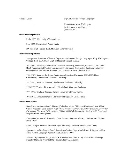 Gaines' CV - College of Arts and Sciences - University of Mary ...