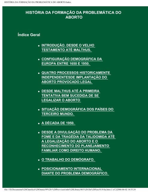 HISTÃRIA DA FORMAÃÃO DA PROBLEMÃTICA DO ABORTO:Index.