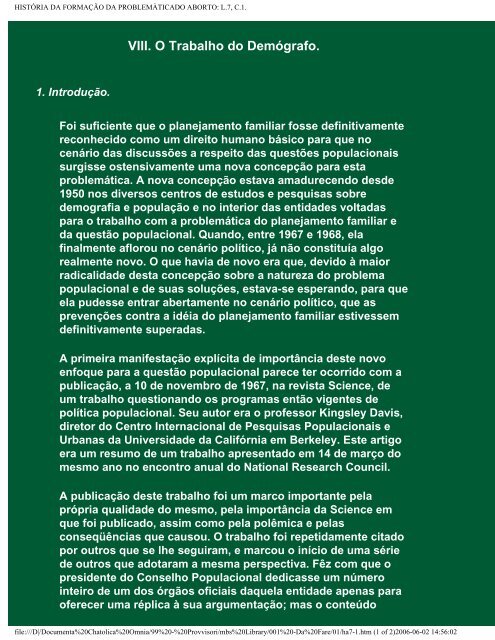 HISTÃRIA DA FORMAÃÃO DA PROBLEMÃTICA DO ABORTO:Index.