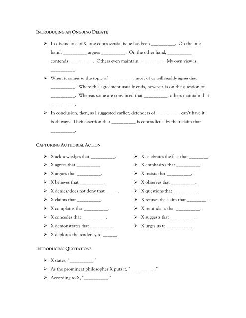 Index of Templates (transitional phrases, key words, etc.)