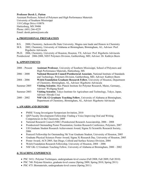 Page 1 Professor Derek L Patton Assistant Professor School Of