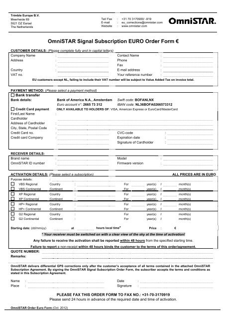 Omnistar Signal Subscription Euro Order Form A