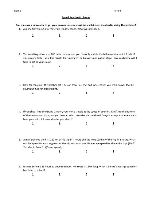 Speed Worksheet 1-answers.pdf - Period: Name: Speed Worksheet 1 1. If steve  throws the football 50 meters in 3 seconds what is the average speed