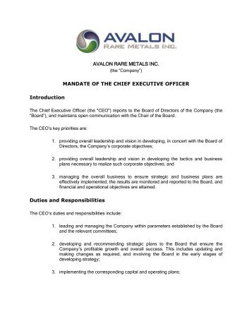 Mandate of the Chief Executive Officer - Avalon Rare Metals