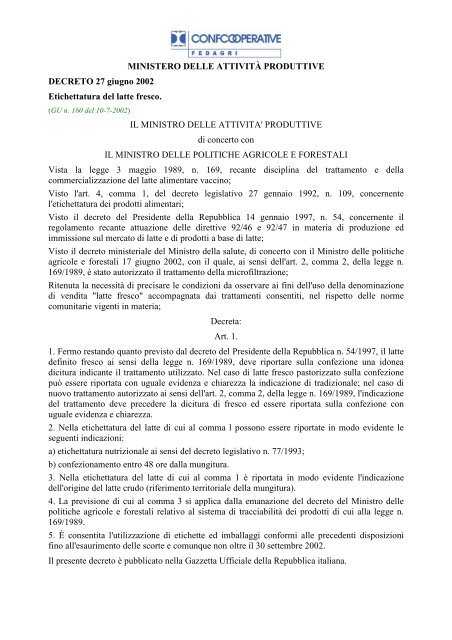 Decreto 27 giugno 2002 - Etichettatura del latte fresco - Fedagri