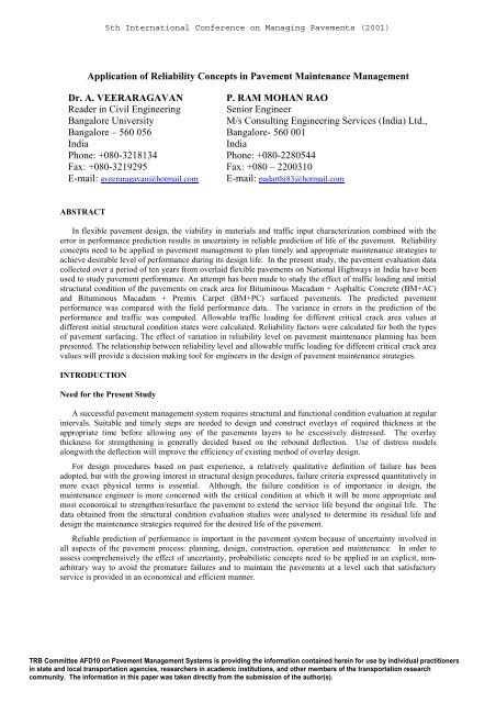 Application of Reliability Concepts in Pavement Maintenance ...