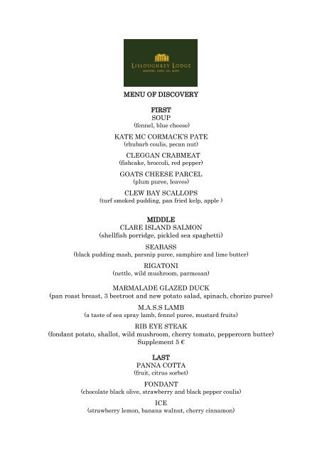 Table D'Hote Menu - Lisloughrey Lodge