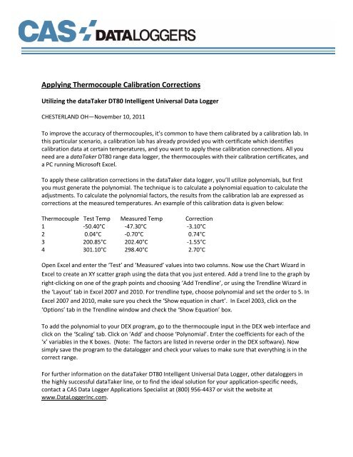 Applying Thermocouple Calibration Corrections - CAS DataLoggers
