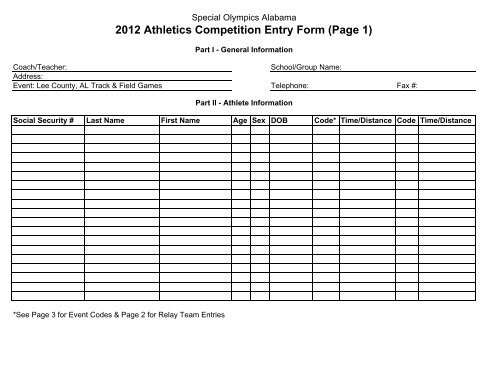 Track Field Entry Form 2012
