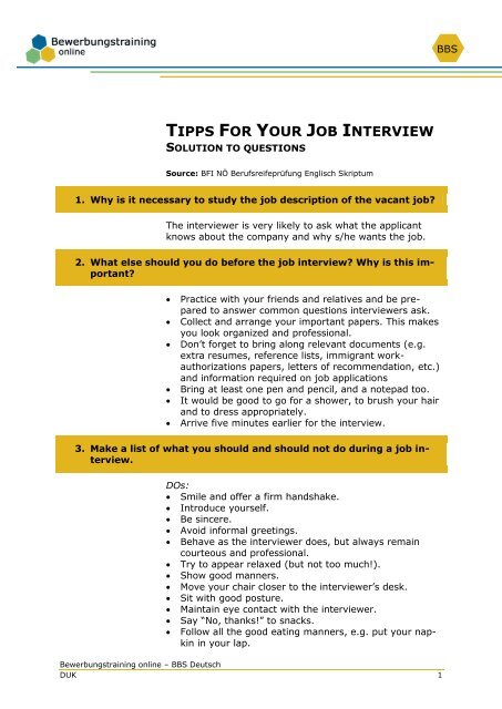 Tipps For Job Interview Solution Pdf Bewerbungstraining Online