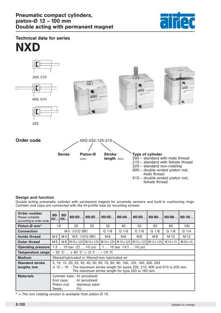 Pneumatic Compact Cylinders Piston A 12 A 100 Mm Double Acting