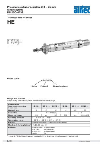 Pneumatic cylinders, piston-Ã 8 â 25 mm Single acting DIN ISO 6432