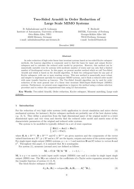 Two-Sided Arnoldi in Order Reduction of Large Scale MIMO Systems