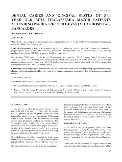 dental caries and gingival status of 3-14 year old beta ... - Aosr.co.in