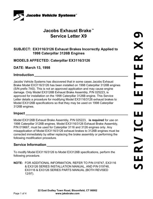 SERVICE LETTER X9 - Jacobs Vehicle Systems