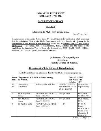 700 032. FACULTY OF SCIENCE NOTICE Admission to Ph.D. (Sc.)