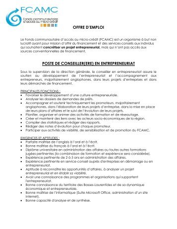 offre d'emploi poste de conseiller(ere) en entrepreneuriat