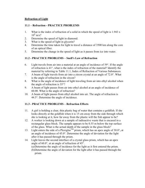 Refraction of Light 11.1 – Refraction - PRACTICE PROBLEMS 1 ...