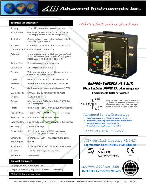 GPR-1200 ATEX Portable PPM O2 Analyzer