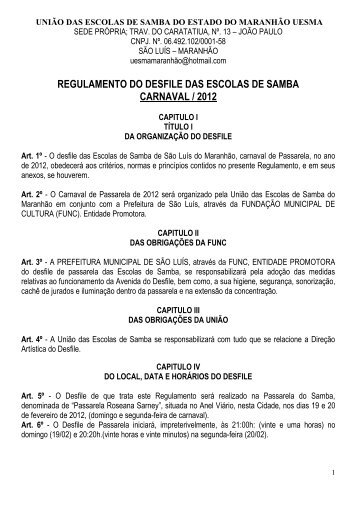regulamento do desfile das escolas de samba carnaval / 2012