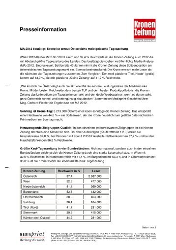 MA 2012 bestätigt: Krone ist erneut Österreichs ... - Kroneanzeigen.at