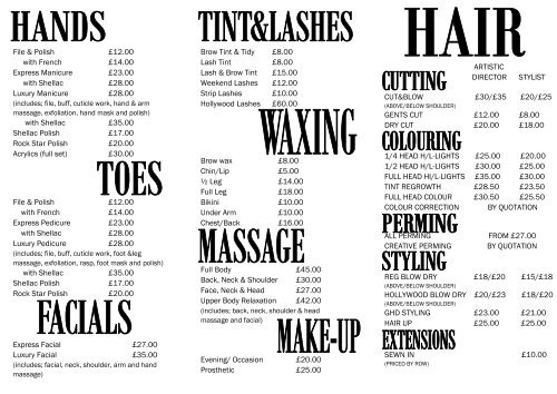 Bangs Price List