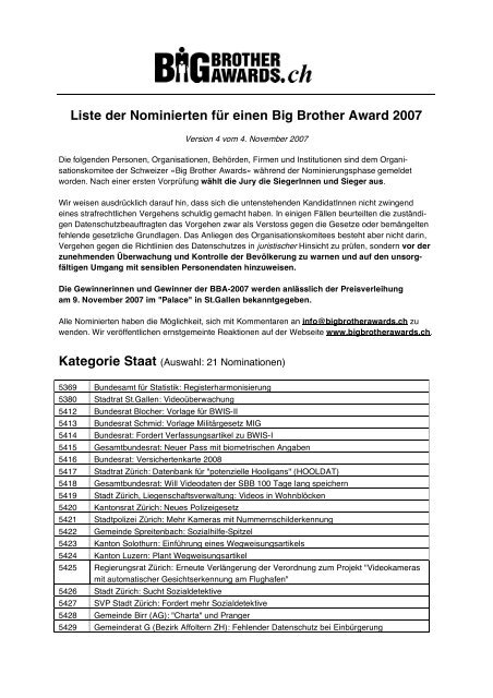 Liste der Nominierten - Big Brother Awards Schweiz