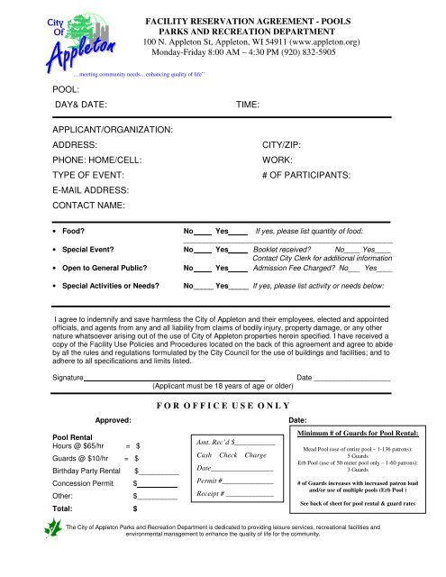 FACILITY RESERVATION AGREEMENT - POOLS ... - City of Appleton