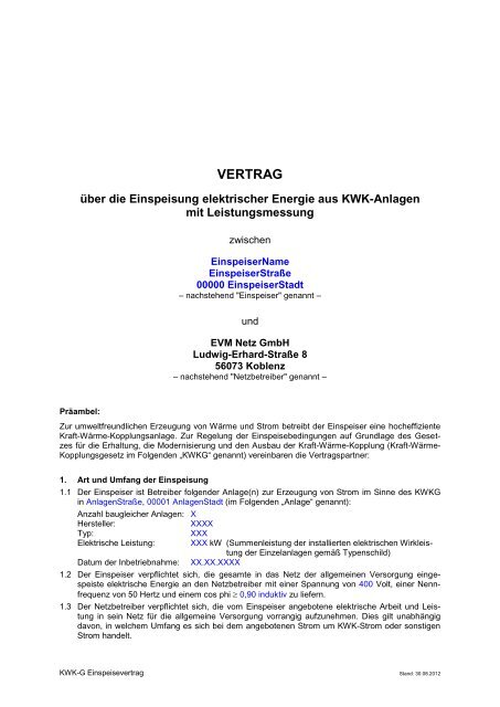 Download PDF: KWK-G Einspeisevertrag mit ... - EVM Netz