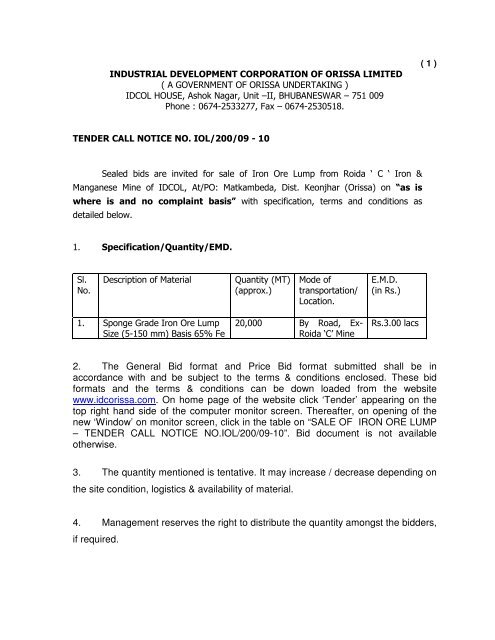 2. The General Bid format and Price Bid format submitted ... - Tender