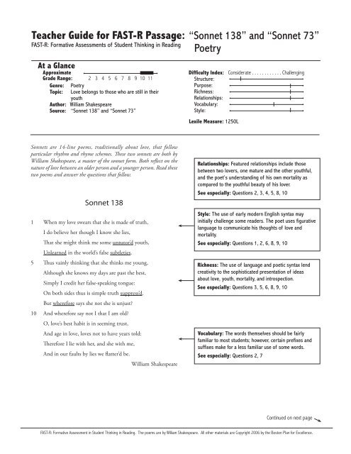 Teacher Guide for FAST-R Passage: “Sonnet 138” - Boston Plan for ...