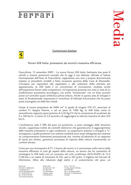 Ferrari 458 Italia: prestazioni da record e massima efficienza