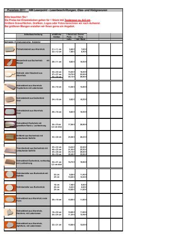 Preisliste Holzartikel - Gravuren auf Holz