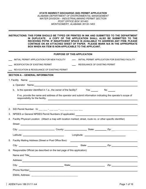 state indirect discharge (sid) permit application alabama