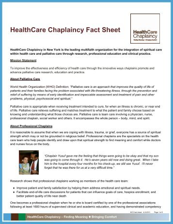 HealthCare Chaplaincy Fact Sheet