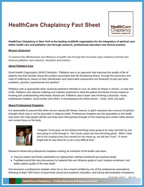 HealthCare Chaplaincy Fact Sheet