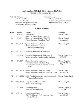 Anthropology 307, Fall 2010 â Human Variation Course Syllabus