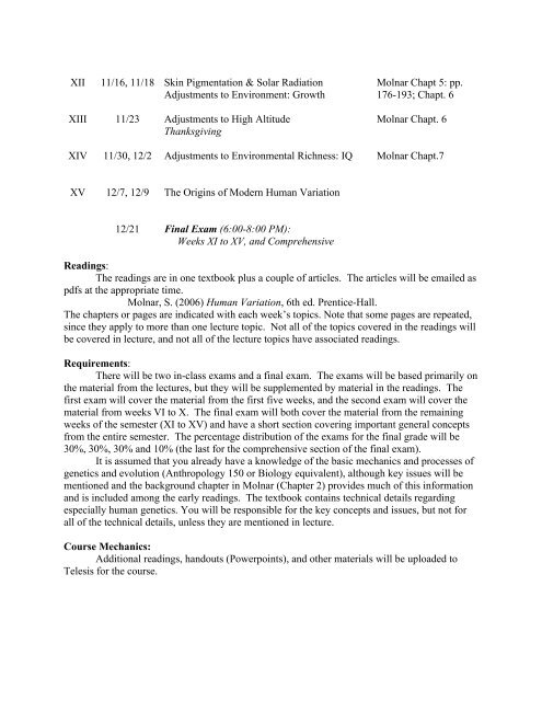 Anthropology 307, Fall 2010 â Human Variation Course Syllabus