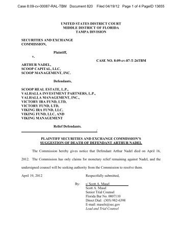 DKT. 820 Suggestion of Death of Defendant Arthur Nadel filed by SEC