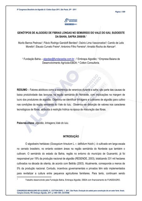 genÃ³tipos de algodÃ£o de fibras longas no ... - FundaÃ§Ã£o Bahia
